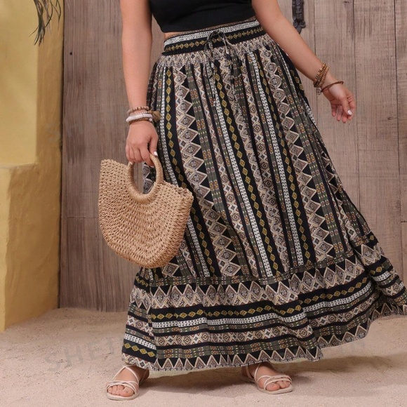 BellanBlue Dresses & Skirts - Plus Geo Print Stretchy Waist Ruffle Hem Maxi Skirt